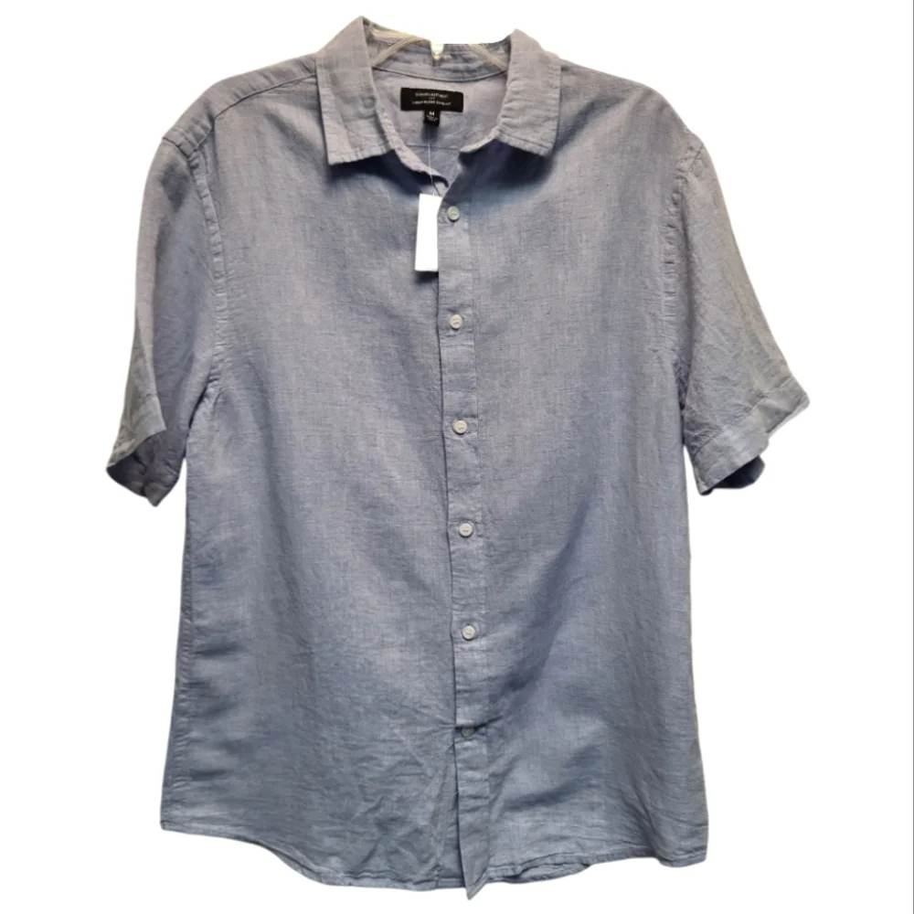 NWT Banana Republic Mens Light Blue Short Sleeve Linen Blend Slim Fit Shirt-Sz M